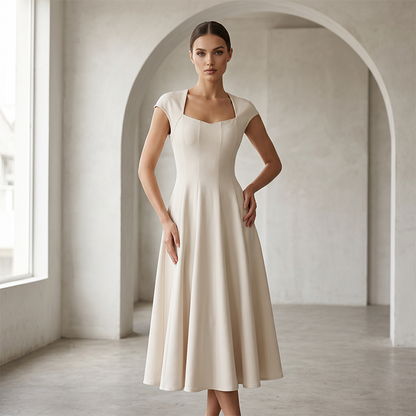 Women Elegant Square Neck A Line Dress Slim Fit Long Dress
