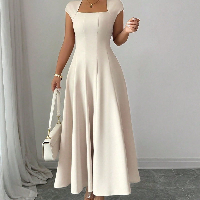 Women Elegant Square Neck A Line Dress Slim Fit Long Dress