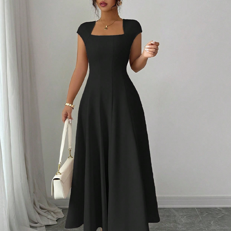 Women Elegant Square Neck A Line Dress Slim Fit Long Dress