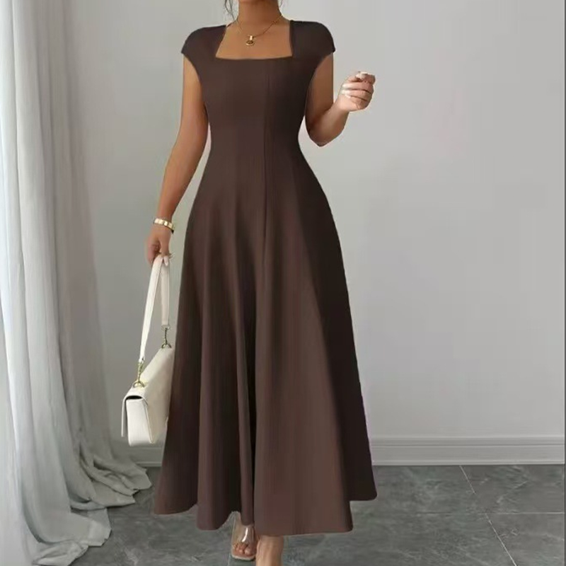 Women Elegant Square Neck A Line Dress Slim Fit Long Dress