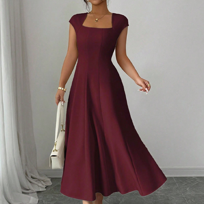 Women Elegant Square Neck A Line Dress Slim Fit Long Dress