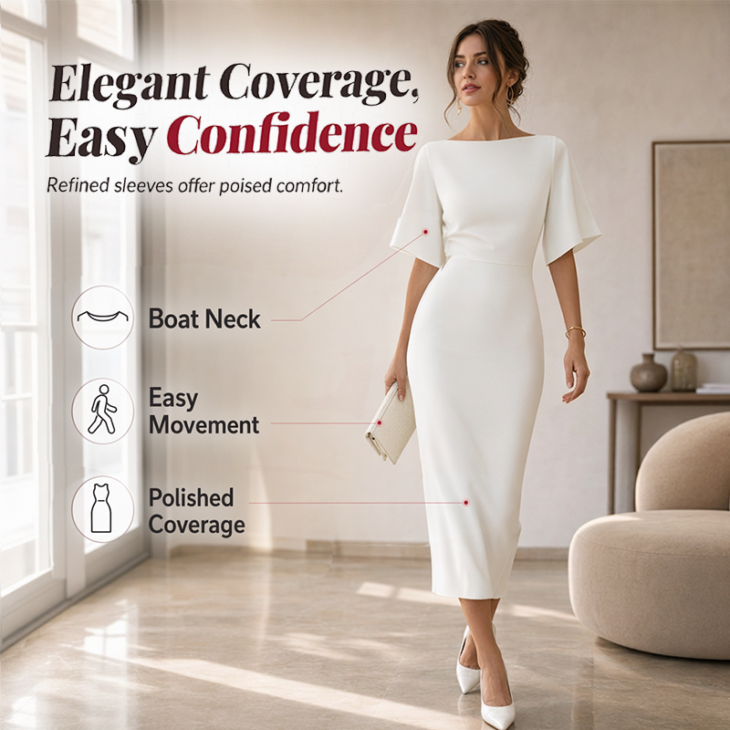 Women Elegant Boat Neck Flutter Sleeve Dress