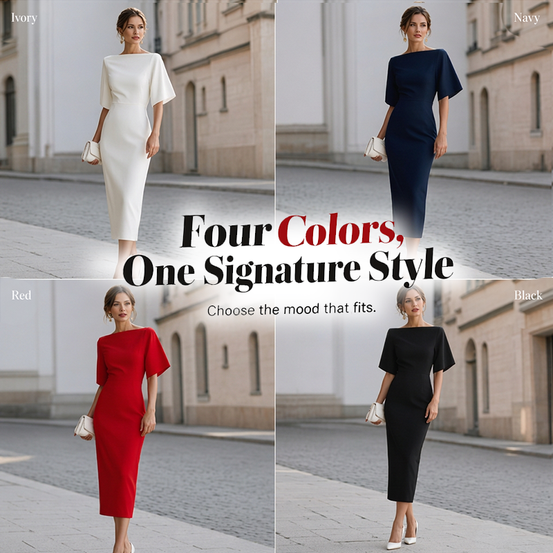 Women Elegant Boat Neck Flutter Sleeve Dress