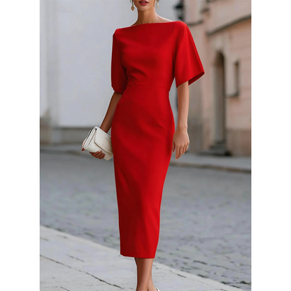 Women Elegant Boat Neck Flutter Sleeve Dress