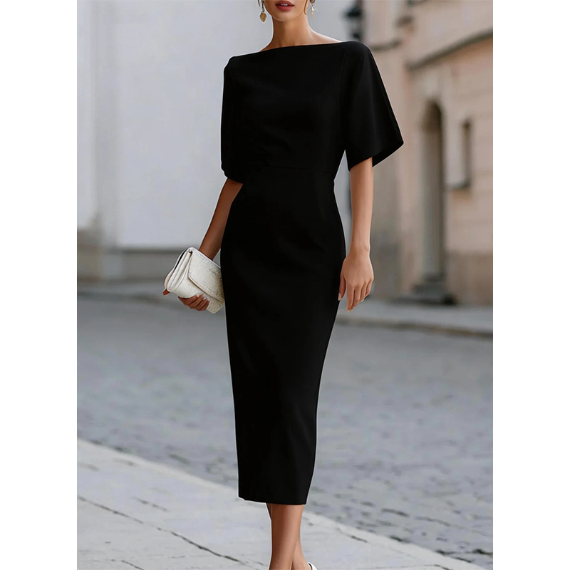 Women Elegant Boat Neck Flutter Sleeve Dress